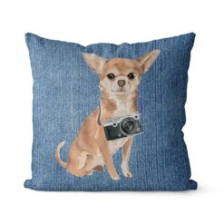 Chihuahua dog Inspired Denim Style Throw Pillow Cushion - Travel collection 15 Adventure is out there cushion Chihuahua Gently Faded Denim front view