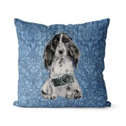 Cocker Spaniel dog Inspired Denim Style Throw Pillow Cushion - Travel collection 20 Adventure is out there cushion Cocker Spaniel Bleached Damask Denim front view