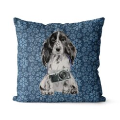 Cocker Spaniel dog Inspired Denim Style Throw Pillow Cushion - Travel collection 19 Adventure is out there cushion Cocker Spaniel Daisy Denim front view