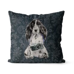 Cocker Spaniel dog Inspired Denim Style Throw Pillow Cushion - Travel collection 18 Adventure is out there cushion Cocker Spaniel Dark Damask Denim front view