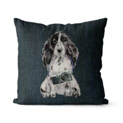 Cocker Spaniel dog Inspired Denim Style Throw Pillow Cushion - Travel collection 17 Adventure is out there cushion Cocker Spaniel Dark Denim front view