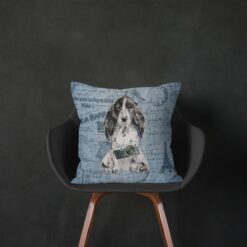Cocker Spaniel dog Inspired Denim Style Throw Pillow Cushion - Travel collection 14 Adventure is out there cushion Cocker Spaniel Faded Ephemera Denim black chair