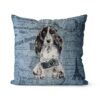 Cocker Spaniel dog Inspired Denim Style Throw Pillow Cushion - Travel collection 2 Adventure is out there cushion Cocker Spaniel Faded Ephemera Denim front view