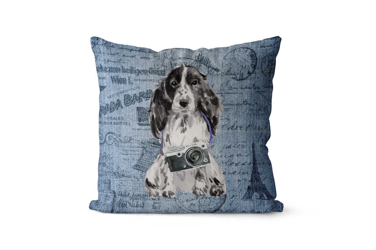 Cocker Spaniel dog Inspired Denim Style Throw Pillow Cushion - Travel collection 2 Cocker Spaniel dog Inspired Denim Style Throw Pillow Cushion - Travel collection