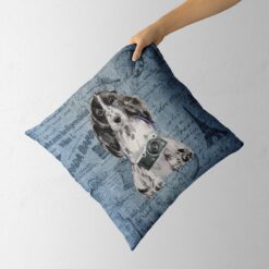 Cocker Spaniel dog Inspired Denim Style Throw Pillow Cushion - Travel collection 13 Adventure is out there cushion Cocker Spaniel Faded Ephemera Denim holding in hand
