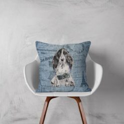 Cocker Spaniel dog Inspired Denim Style Throw Pillow Cushion - Travel collection 12 Adventure is out there cushion Cocker Spaniel Faded Ephemera Denim white chair