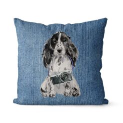 Cocker Spaniel dog Inspired Denim Style Throw Pillow Cushion - Travel collection 16 Adventure is out there cushion Cocker Spaniel Gently Faded Denim front view