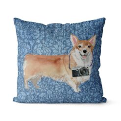 Corgi dog Inspired Denim Style Throw Pillow Cushion - Travel collection 18 Adventure is out there cushion Corgi Bleached Damask Denim front view