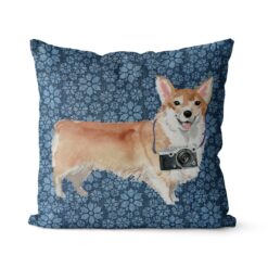 Corgi dog Inspired Denim Style Throw Pillow Cushion - Travel collection 17 Adventure is out there cushion Corgi Daisy Denim front view