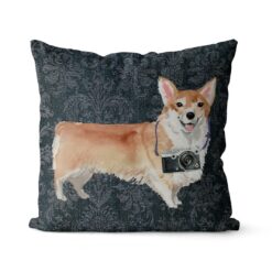 Corgi dog Inspired Denim Style Throw Pillow Cushion - Travel collection 16 Adventure is out there cushion Corgi Dark Damask Denim front view