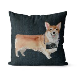 Corgi dog Inspired Denim Style Throw Pillow Cushion - Travel collection 15 Adventure is out there cushion Corgi Dark Denim front view
