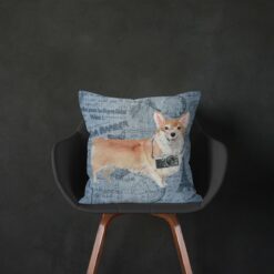 Corgi dog Inspired Denim Style Throw Pillow Cushion - Travel collection 13 Adventure is out there cushion Corgi Faded Ephemera Denim black chair