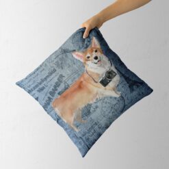 Corgi dog Inspired Denim Style Throw Pillow Cushion - Travel collection 12 Adventure is out there cushion Corgi Faded Ephemera Denim holding in hand
