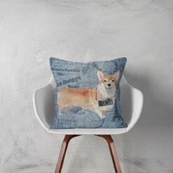 Corgi dog Inspired Denim Style Throw Pillow Cushion - Travel collection 11 Adventure is out there cushion Corgi Faded Ephemera Denim white chair