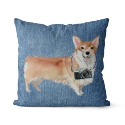 Corgi dog Inspired Denim Style Throw Pillow Cushion - Travel collection 14 Adventure is out there cushion Corgi Gently Faded Denim front view