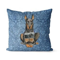 Doberman dog Inspired Denim Style Throw Pillow Cushion - Travel collection 18 Adventure is out there cushion Doberman Bleached Damask Denim front view