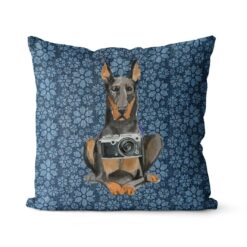 Doberman dog Inspired Denim Style Throw Pillow Cushion - Travel collection 17 Adventure is out there cushion Doberman Daisy Denim front view