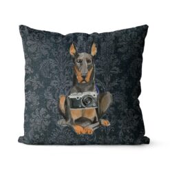 Doberman dog Inspired Denim Style Throw Pillow Cushion - Travel collection 16 Adventure is out there cushion Doberman Dark Damask Denim front view