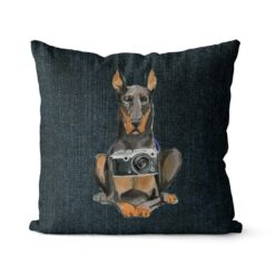 Doberman dog Inspired Denim Style Throw Pillow Cushion - Travel collection 15 Adventure is out there cushion Doberman Dark Denim front view