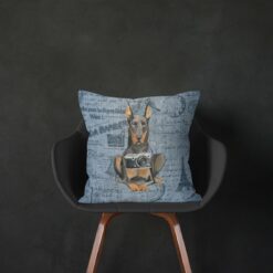 Doberman dog Inspired Denim Style Throw Pillow Cushion - Travel collection 13 Adventure is out there cushion Doberman Faded Ephemera Denim black chair
