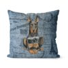Doberman dog Inspired Denim Style Throw Pillow Cushion - Travel collection 2 Adventure is out there cushion Doberman Faded Ephemera Denim front view