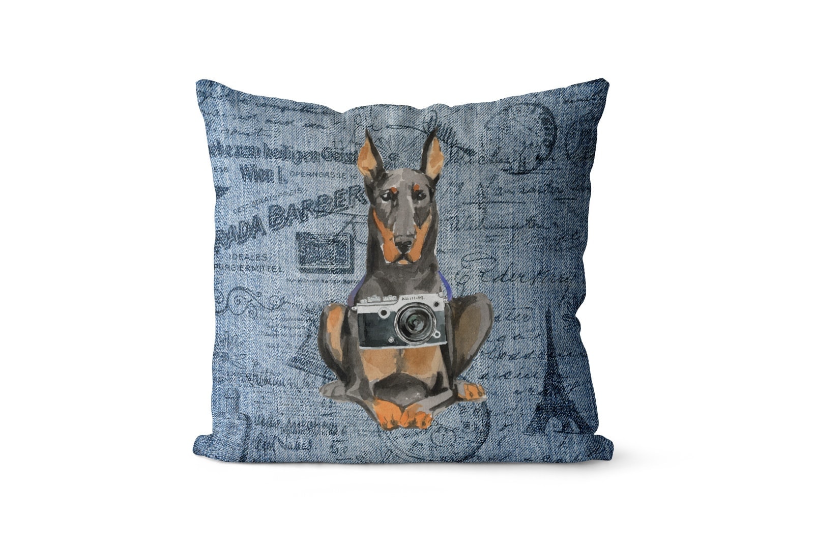 Doberman dog Inspired Denim Style Throw Pillow Cushion - Travel collection 2 Doberman dog Inspired Denim Style Throw Pillow Cushion - Travel collection