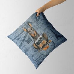 Doberman dog Inspired Denim Style Throw Pillow Cushion - Travel collection 12 Adventure is out there cushion Doberman Faded Ephemera Denim holding in hand