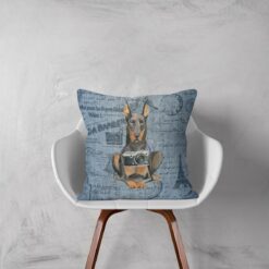 Doberman dog Inspired Denim Style Throw Pillow Cushion - Travel collection 11 Adventure is out there cushion Doberman Faded Ephemera Denim white chair