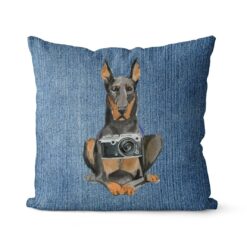 Doberman dog Inspired Denim Style Throw Pillow Cushion - Travel collection 14 Adventure is out there cushion Doberman Gently Faded Denim front view