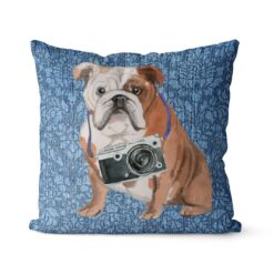 Adventure is out there cushion English Bulldog Bleached Damask Denim front view
