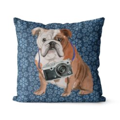 Adventure is out there cushion English Bulldog Daisy Denim front view