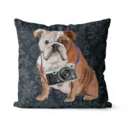 Adventure is out there cushion English Bulldog Dark Damask Denim front view