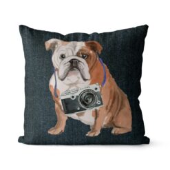 Adventure is out there cushion English Bulldog Dark Denim front view