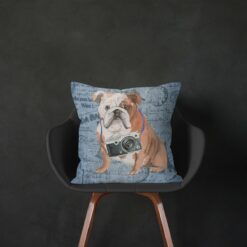 Adventure is out there cushion English Bulldog Faded Ephemera Denim black chair