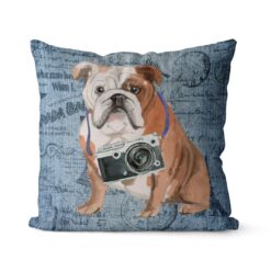 English Bulldog dog Inspired Denim Style Throw Pillow Cushion - Travel collection