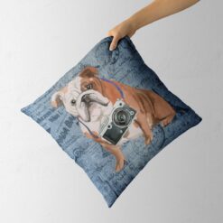 Adventure is out there cushion English Bulldog Faded Ephemera Denim holding in hand