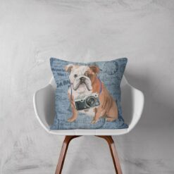Adventure is out there cushion English Bulldog Faded Ephemera Denim white chair
