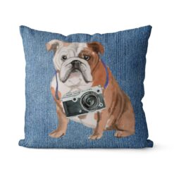 Adventure is out there cushion English Bulldog Gently Faded Denim front view