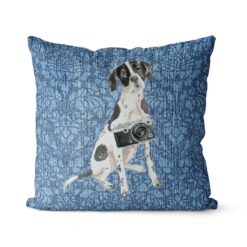 English Pointer dog Inspired Denim Style Throw Pillow Cushion - Travel collection 20 Adventure is out there cushion English Pointer Bleached Damask Denim front view
