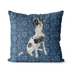 English Pointer dog Inspired Denim Style Throw Pillow Cushion - Travel collection 19 Adventure is out there cushion English Pointer Daisy Denim front view