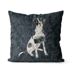 English Pointer dog Inspired Denim Style Throw Pillow Cushion - Travel collection 18 Adventure is out there cushion English Pointer Dark Damask Denim front view