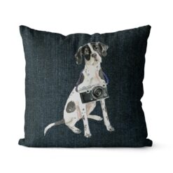 English Pointer dog Inspired Denim Style Throw Pillow Cushion - Travel collection 17 Adventure is out there cushion English Pointer Dark Denim front view