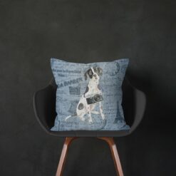 English Pointer dog Inspired Denim Style Throw Pillow Cushion - Travel collection 14 Adventure is out there cushion English Pointer Faded Ephemera Denim black chair