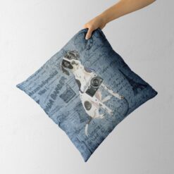 English Pointer dog Inspired Denim Style Throw Pillow Cushion - Travel collection 13 Adventure is out there cushion English Pointer Faded Ephemera Denim holding in hand