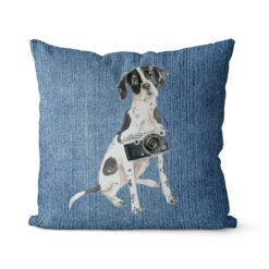 English Pointer dog Inspired Denim Style Throw Pillow Cushion - Travel collection 16 Adventure is out there cushion English Pointer Gently Faded Denim front view