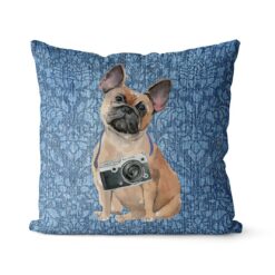 French Bulldog dog Inspired Denim Style Throw Pillow Cushion - Travel collection 20 Adventure is out there cushion French Bulldog Bleached Damask Denim front view