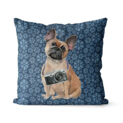 French Bulldog dog Inspired Denim Style Throw Pillow Cushion - Travel collection 19 Adventure is out there cushion French Bulldog Daisy Denim front view
