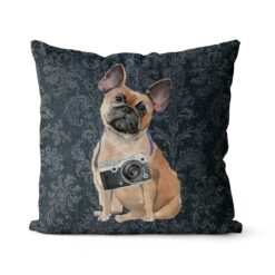 French Bulldog dog Inspired Denim Style Throw Pillow Cushion - Travel collection 18 Adventure is out there cushion French Bulldog Dark Damask Denim front view