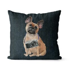 French Bulldog dog Inspired Denim Style Throw Pillow Cushion - Travel collection 17 Adventure is out there cushion French Bulldog Dark Denim front view