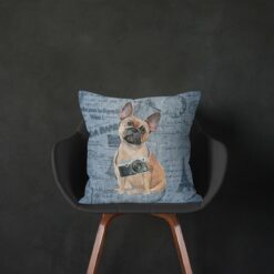 French Bulldog dog Inspired Denim Style Throw Pillow Cushion - Travel collection 14 Adventure is out there cushion French Bulldog Faded Ephemera Denim black chair
